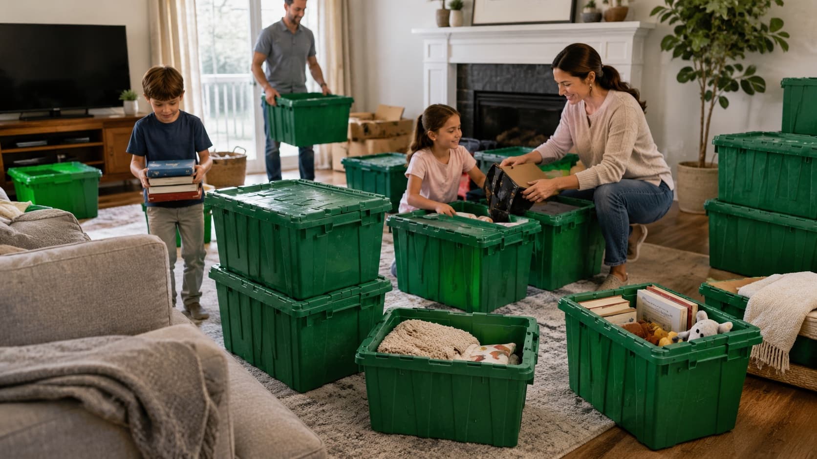 A family packing books, blankets and toys into green reusable moving totes in their living room.